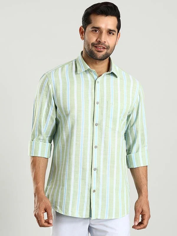 Indian Terrain Men's Regular Fit Full Sleeve Striped Green Shirt